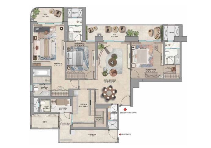 3 BHK Small Floor Plan - Towers 1, 2, 3, 4, 4A & 4B